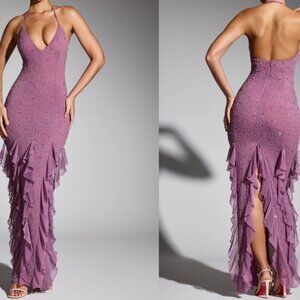 Embellished Halter Neck Ruffle Maxi Dress in Grape